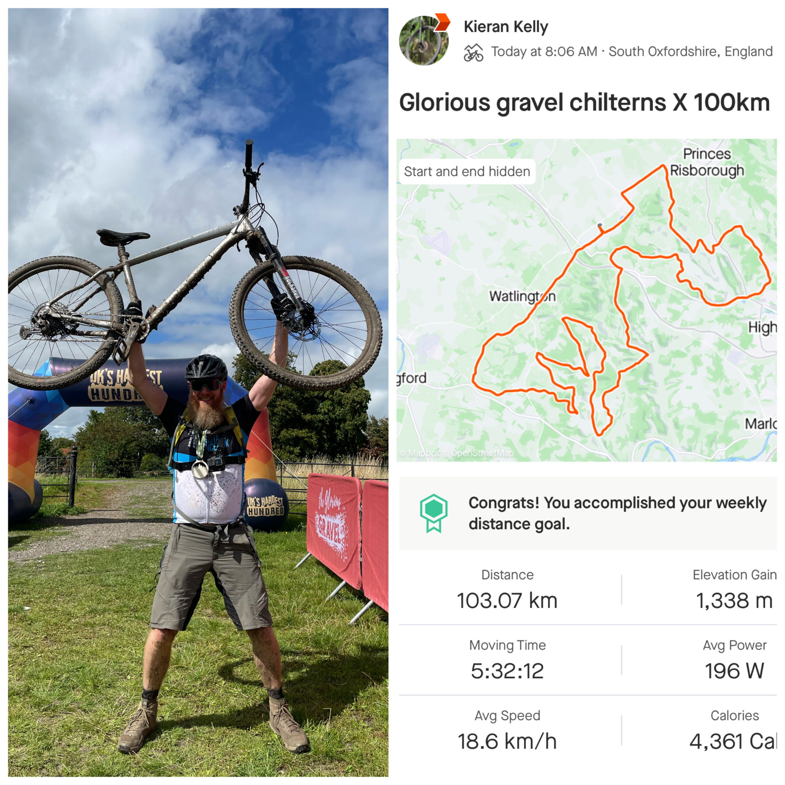 Kieran Kelly with bike overhead on completing the Chilterns x 100km bike ride